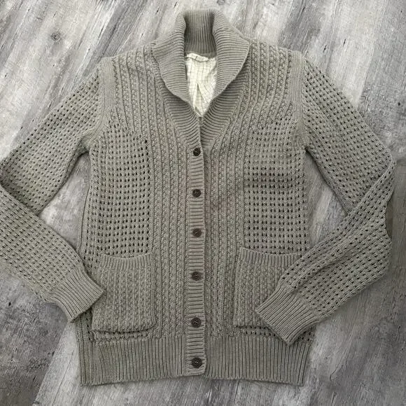 Barbour Cardigan Sweater Womens Sz 10 Taupe 100% Cotton Shawl Collar Button Up - Picture 8 of 8